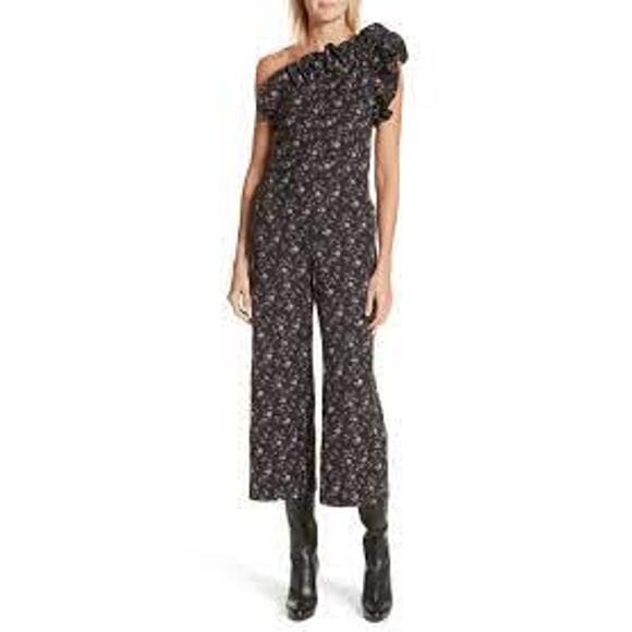 Rebecca Taylor One Shoulder Dark Floral Jumpsuit Ruffle Wide Leg Black 12 NWT